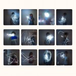 Retratos fotográficos individuales de asistentes al taller, con haces de luz en primer plano creados por pequeñas fuentes lumínicas.