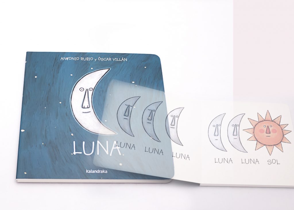 Libro “Luna”. En portada, la ilustración de una luna en fase menguante. En páginas internas, la ilustración de cinco lunas y un sol.