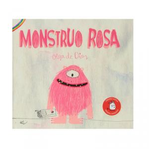 Libro “Monstruo Rosa”. En portada, un monstruo peludo, sonriendo, con un solo ojo y un juguete en la mano.