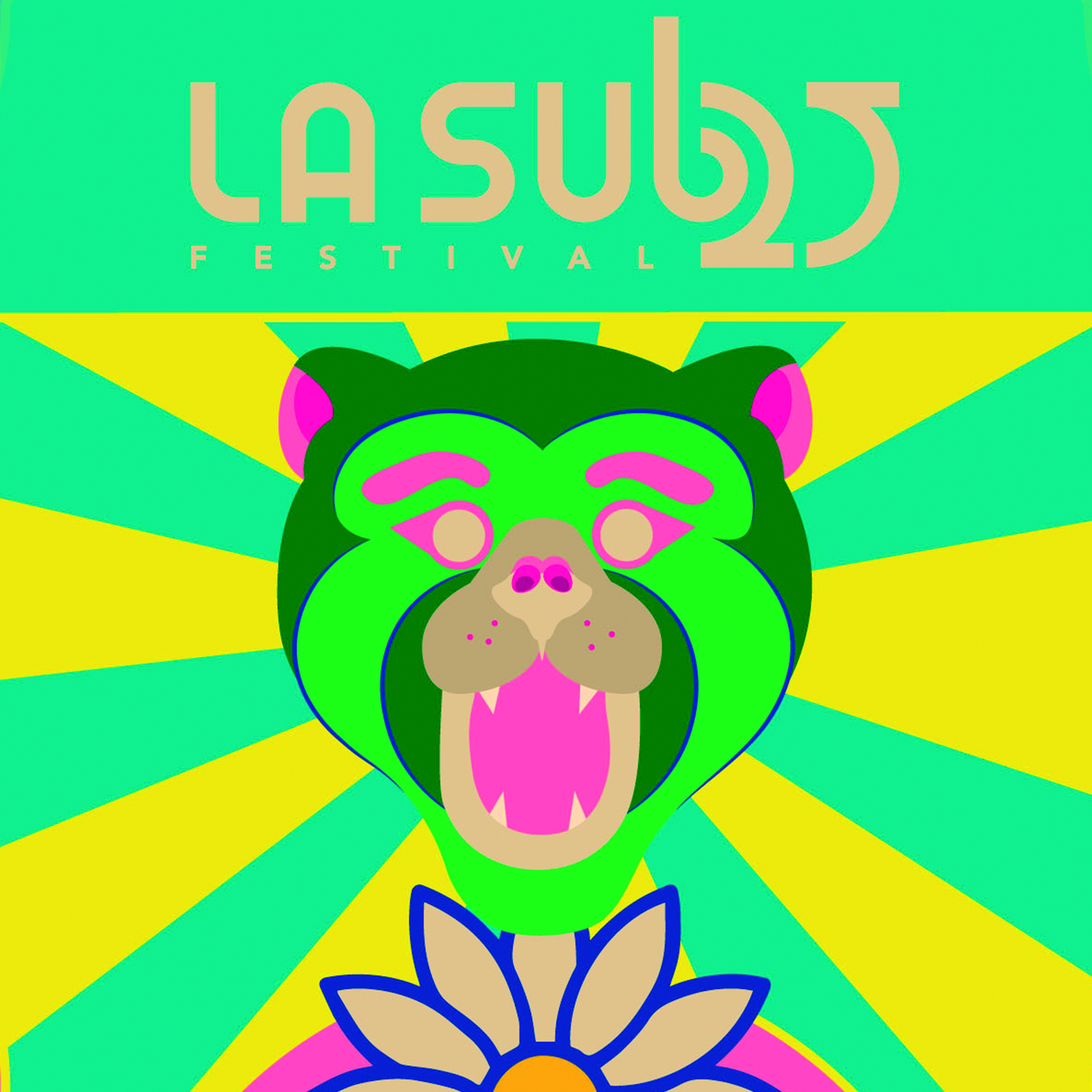 Logotipo de «La Sub25». Fondo de color turquesa. Bajo el texto «La Sub25», el diseño gráfico de un oso, emblema de Madrid, con la boca abierta en colores verde, amarillo y rosa, del que parecen surgir rayos de luz.