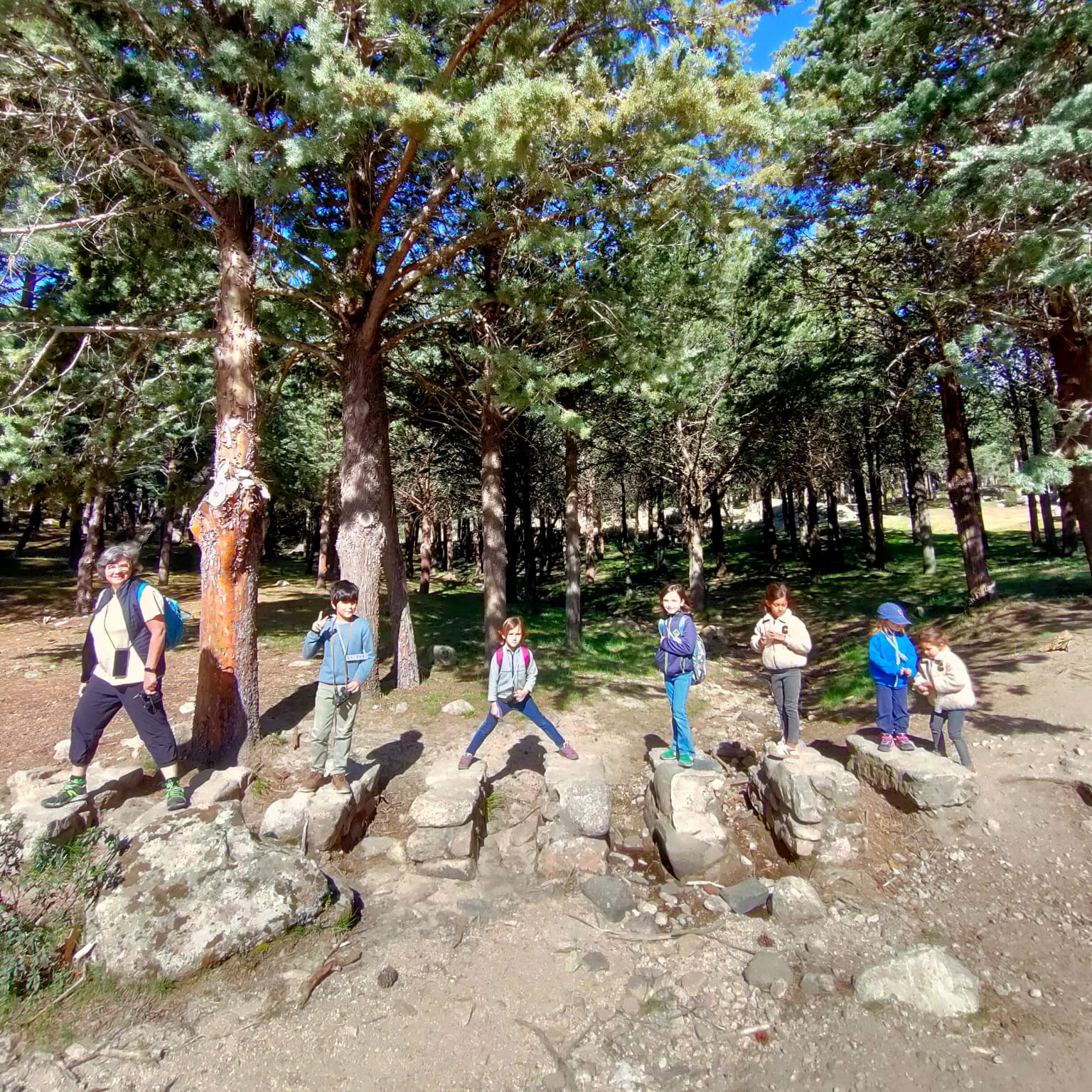 Vista general de un grupo de personas adultas y menores posando sobre rocas en un bosque.