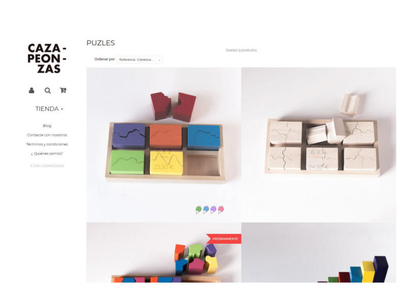 Detalle de la página web de Cazapeonzas.  Cuatro puzles de madera de diferente color.