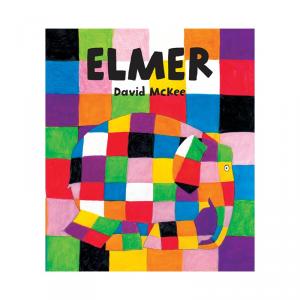Libro “Elmer”. En portada, cuadrados de colores con la ilustración de un elefante sobre ellos.